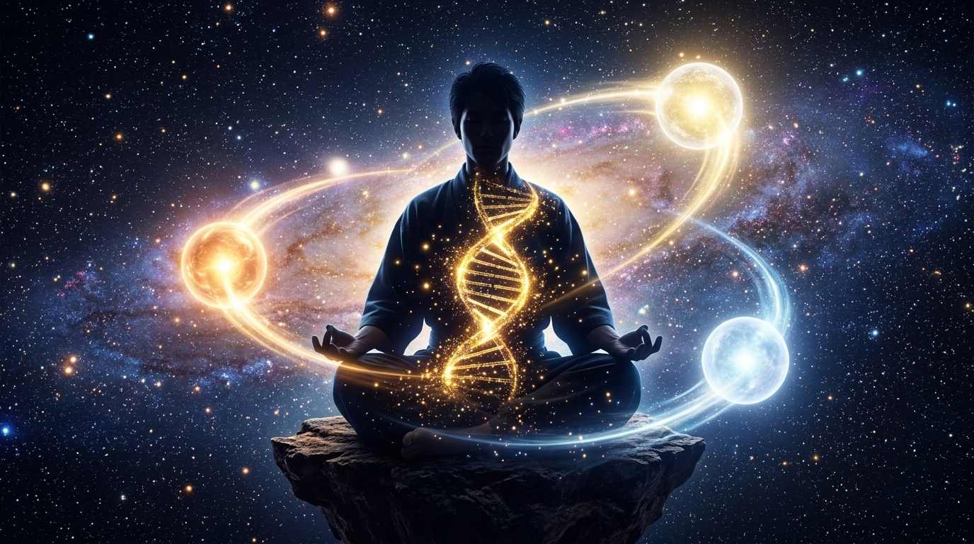 DNAの覚醒と宇宙の源泉との繋がりを象徴するイメージ