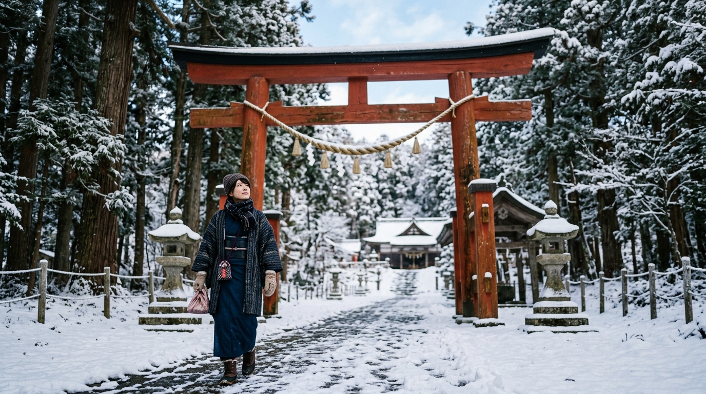 冬の澄んだ空気の中にある神社の鳥居と厄払いに訪れる女性を迎え入れる風景