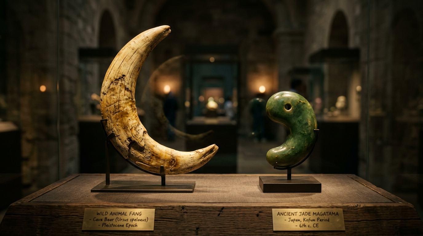 野生の獣の牙と古代の勾玉の形状を比較し、守護の象徴としての起源を示す画像