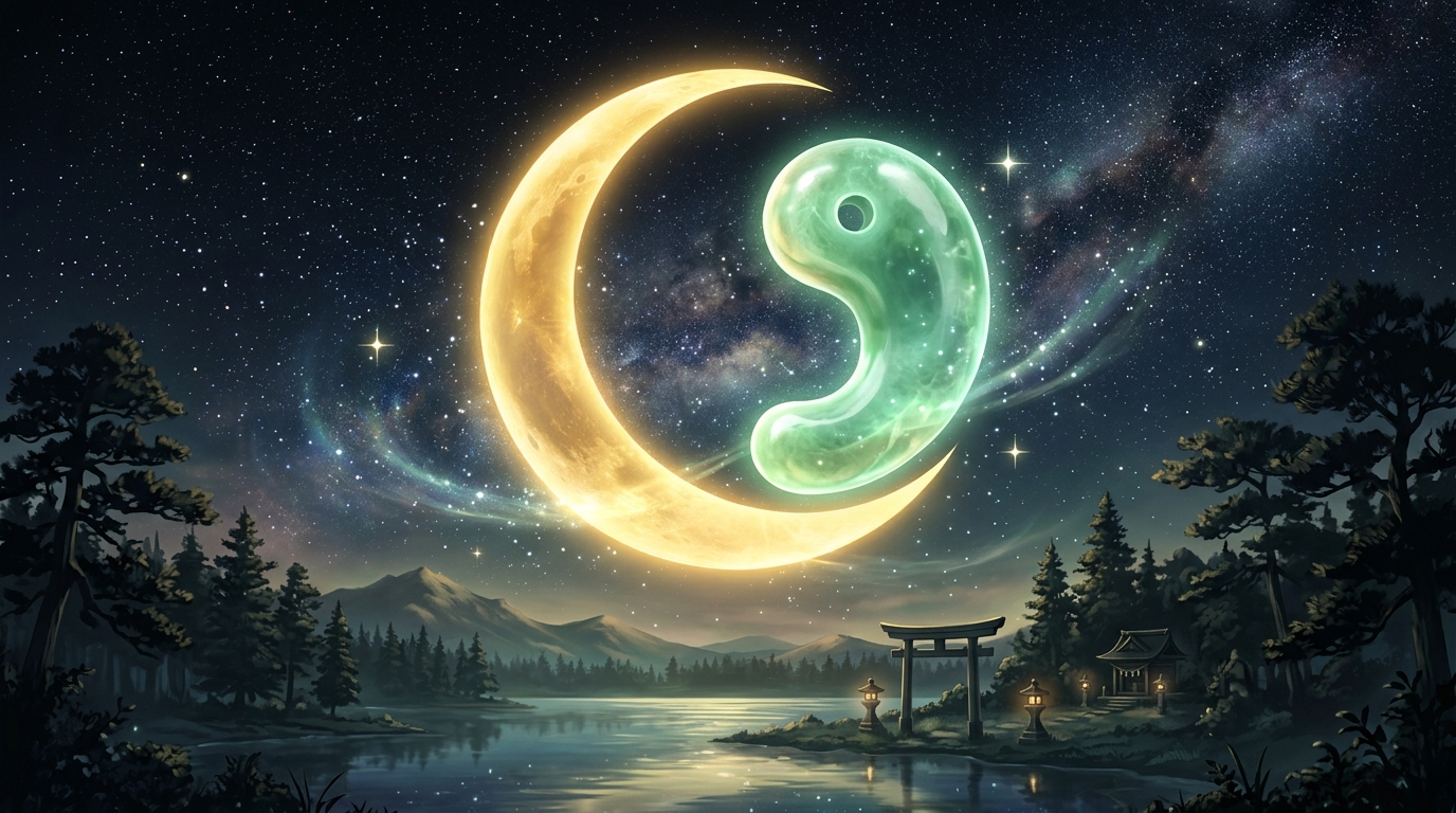 夜空の三日月と勾玉が重なり合い、癒やしと成長のエネルギーを表現したイメージ画像