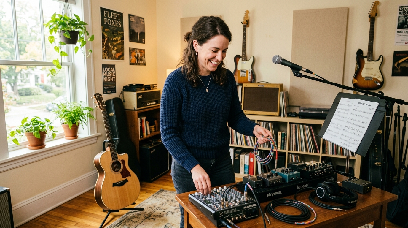 明るい光が差し込む稽古場で、晴れやかな笑顔で自分の道具を整える30代女性