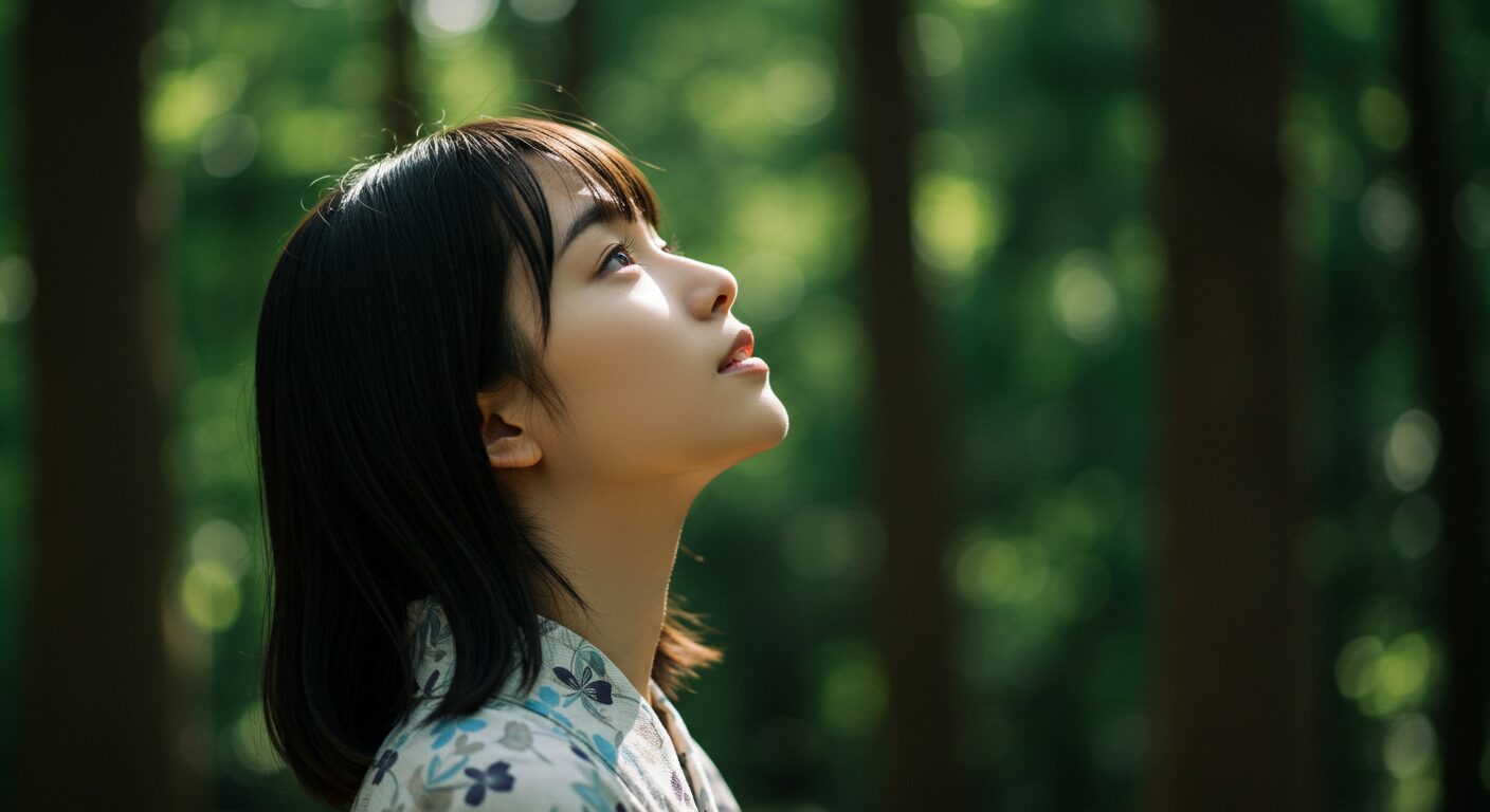 木漏れ日の中で静かに空を見上げる人物