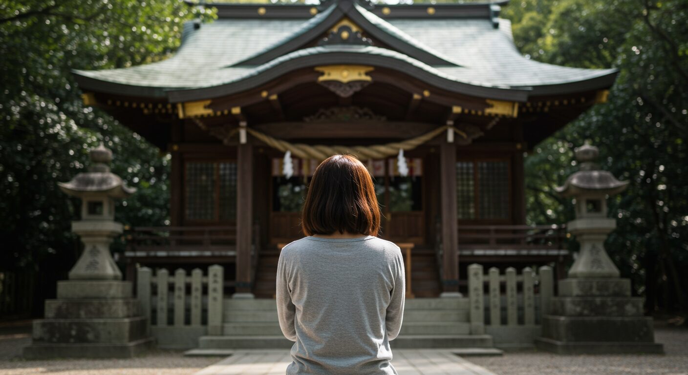 神社で静かに手を合わせる女性の後ろ姿