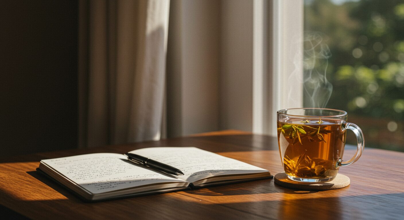 窓から柔らかな光が差し込む机の上で、女性がノートを開いている様子