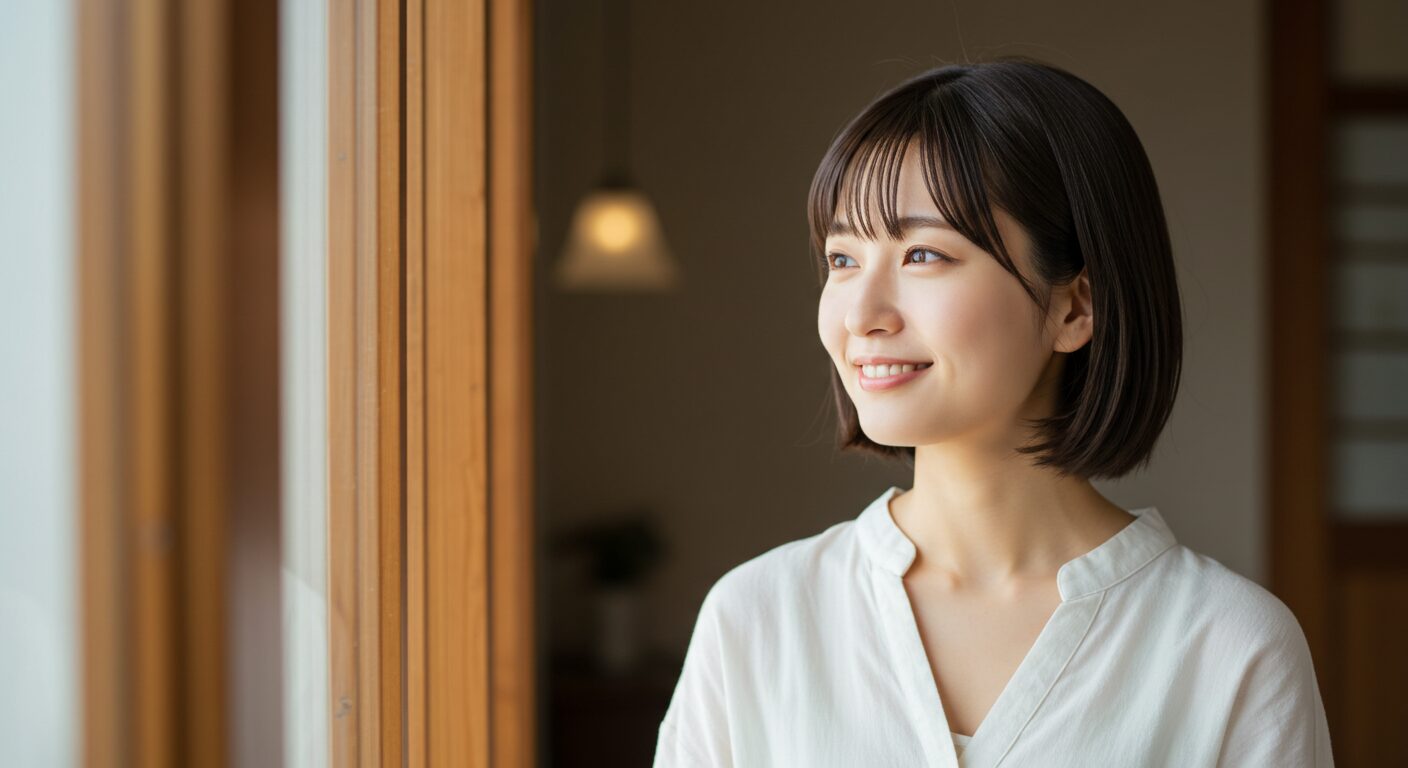 穏やかな表情の女性が、柔らかな光が差し込む部屋で、窓の外を眺めながら微笑んでいる。希望に満ちた未来を予感させるような、温かみのある雰囲気