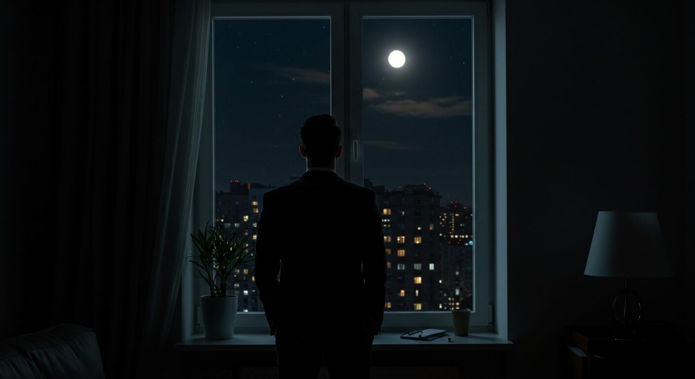 都会のマンションの窓辺で、一人夜空を見上げている30代ビジネスパーソンの後ろ姿。部屋は少し暗く、窓の外の月明かりがその人の肩を照らしている。孤独と、かすかな希望が入り混じったような雰囲気