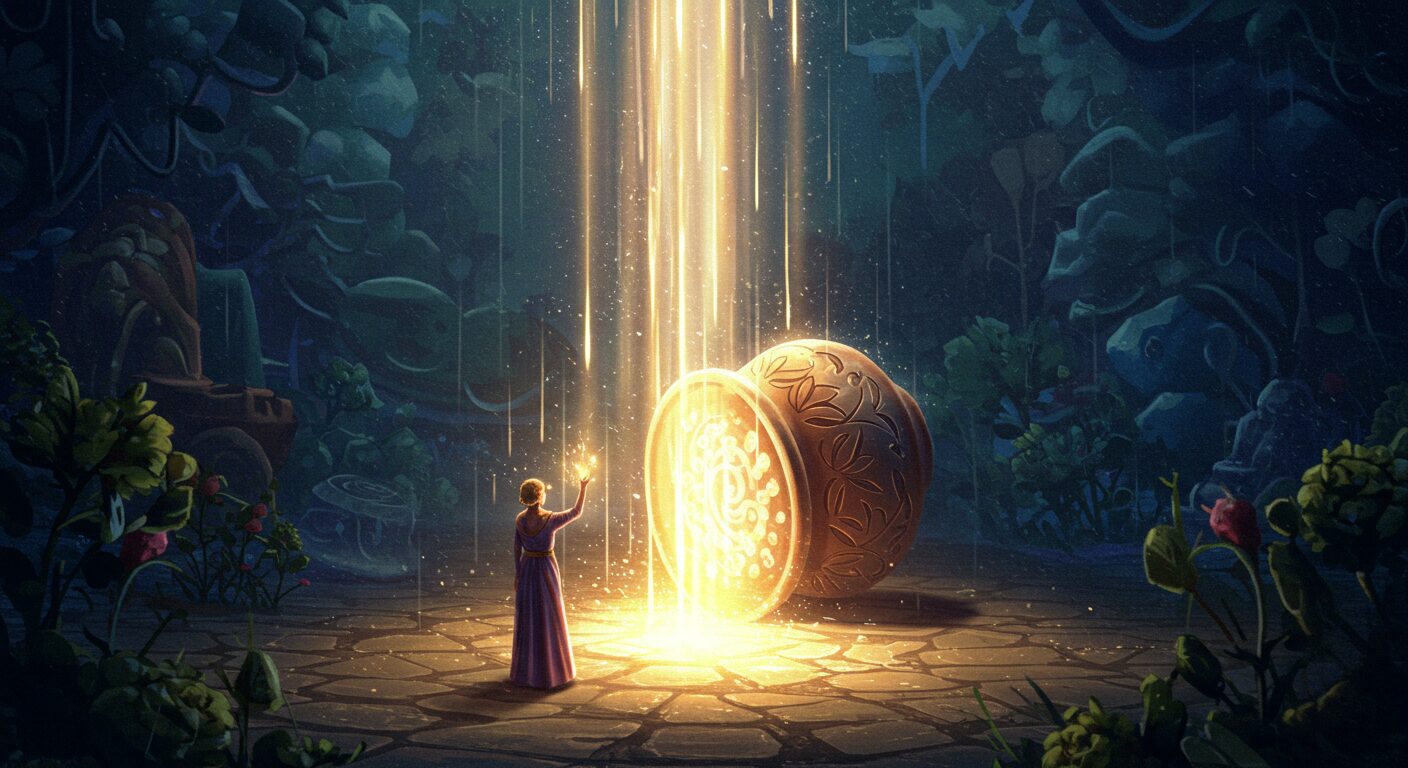 美しい光の雨が降り注いでいるが、逆さまになった陶器の器がそれをすべて弾いてしまっている、というシンボリックなイラスト。背景は少し幻想的