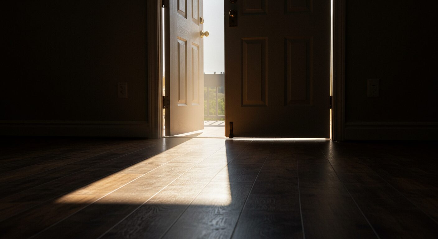 暗い部屋のドアが少しだけ開かれ、そこから眩いばかりの夜明けの光が差し込んでいる。床にはその光がまっすぐに伸びている。希望、新しい始まり、目覚めを象徴するイメージ。