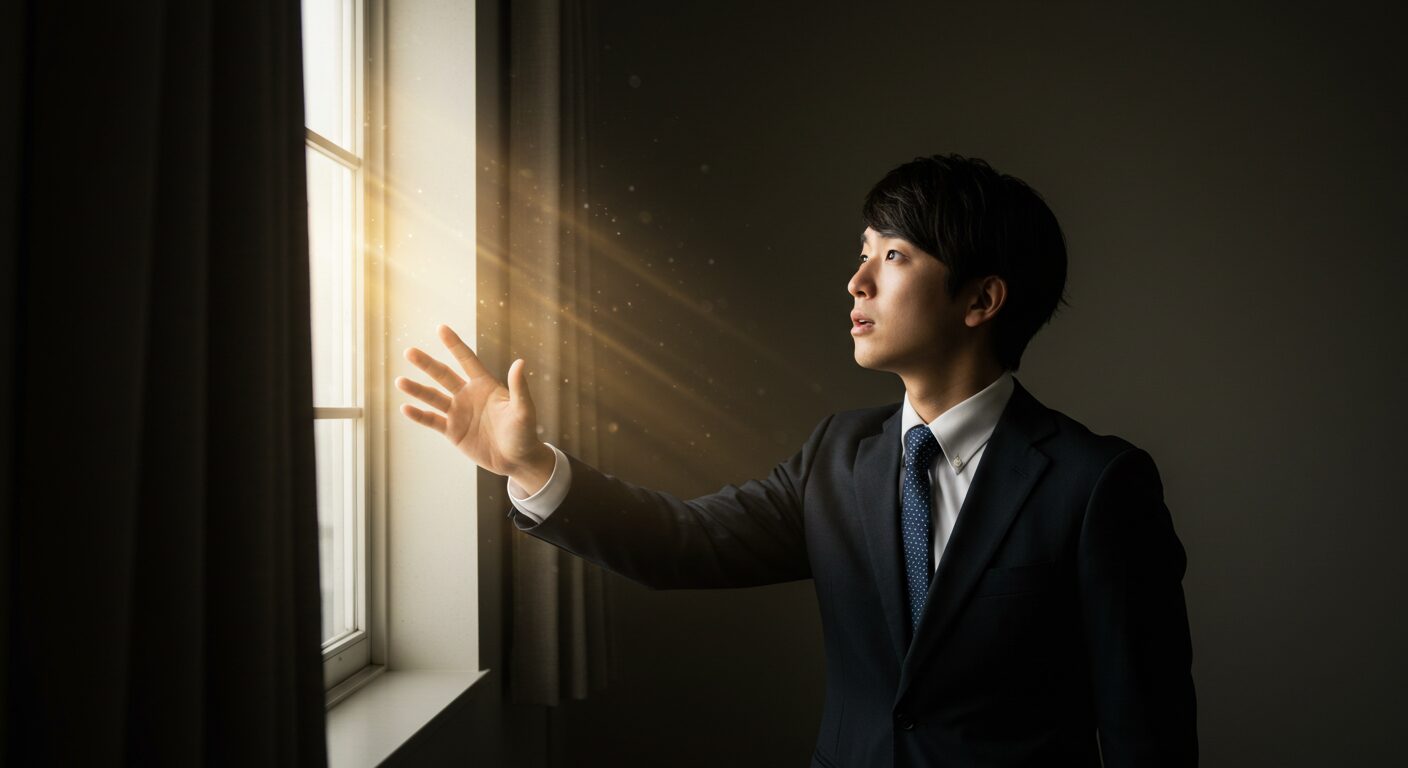 頑張りすぎて疲れ果てた30代のビジネスパーソンが、暗い部屋の中で一人、窓から差し込む神々しい光の筋にそっと手を伸ばしている。