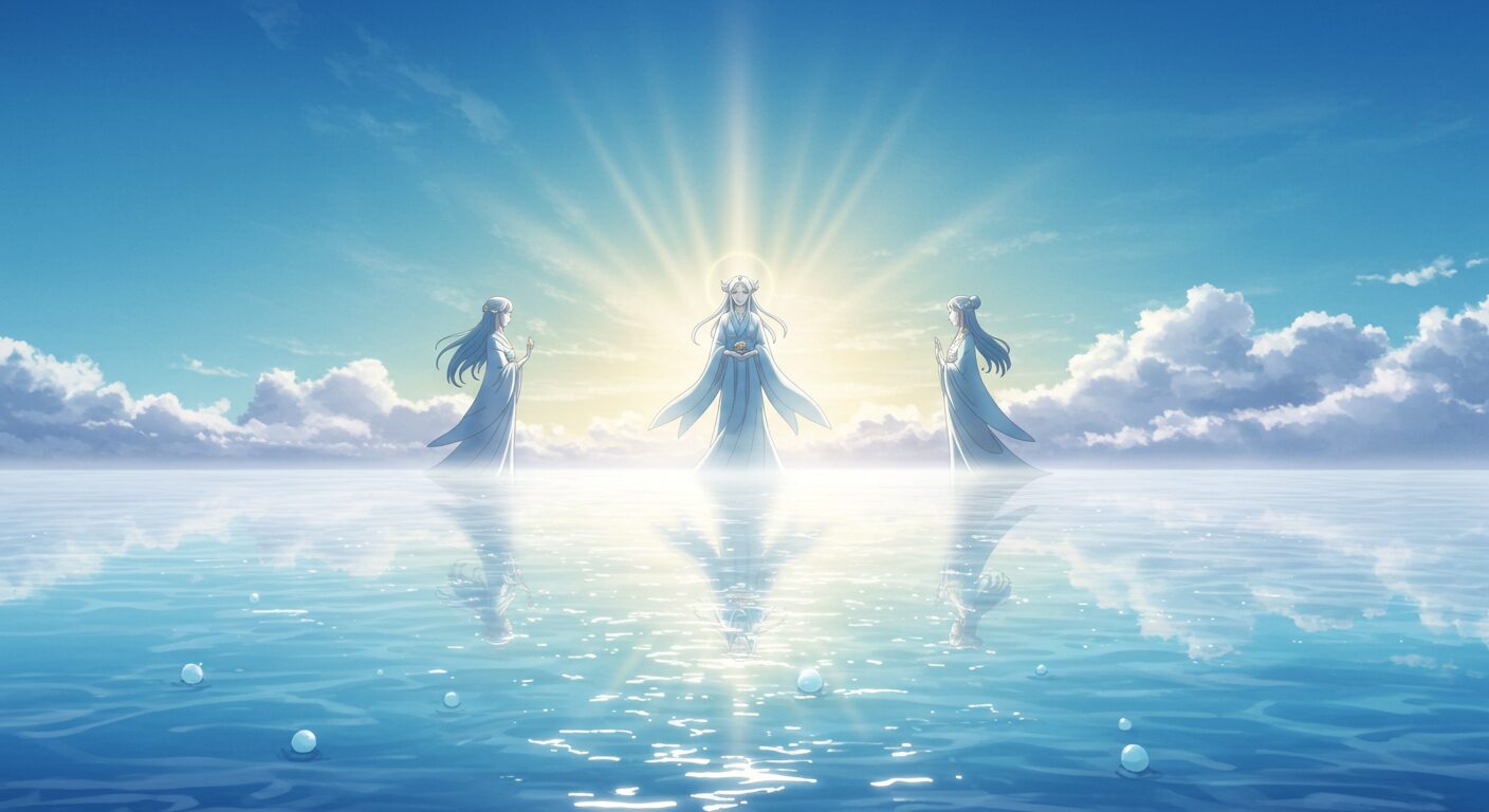 宗像三女神をイメージした、優しく光り輝く海のイラスト