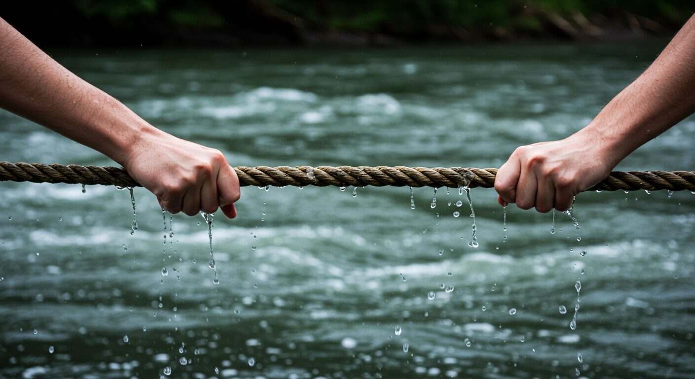 荒れ狂う川の流れの中、一本のロープを必死に握りしめている両手。その手は固くこわばり、力が入りすぎている。このままでは力尽きてしまうことが暗示される、象徴的なイメージ。