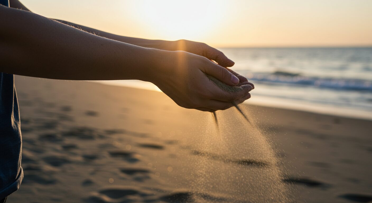 夜明けの美しいビーチで、一人の人物がそっと手のひらを開き、そこに乗っていた砂が風に吹かれてキラキラと舞い上がっていく。その表情は、とても穏やかで晴れやか。手放した先にある自由と解放感を象徴する、希望に満ちた一枚