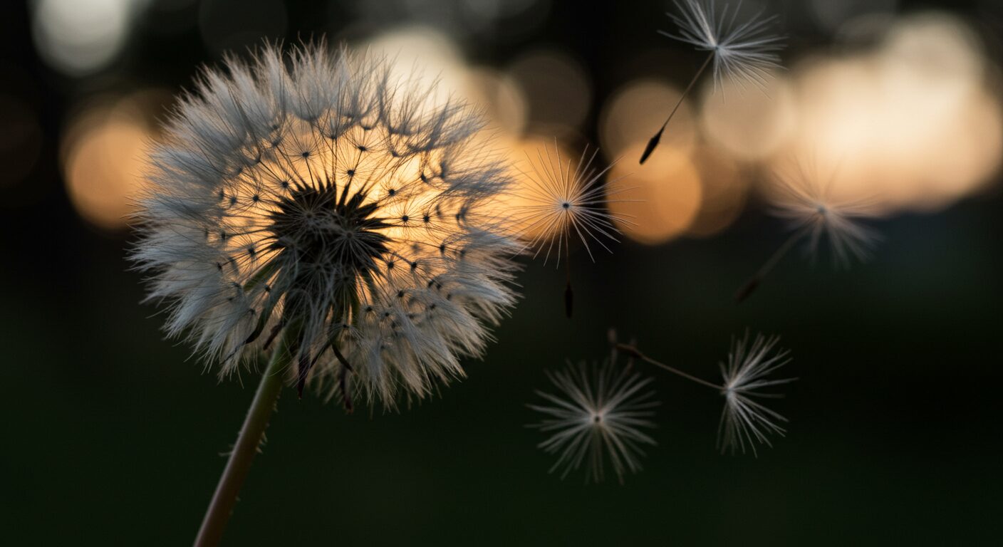 タンポポの綿毛が風に舞っている様子