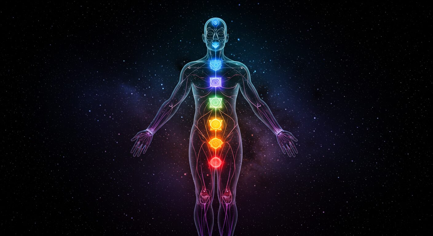 半透明の人体のシルエットが描かれ、その内部にチャクラを示す7色の光と、エネルギーが流れるライン（経絡）が美しく輝いている。背景は星々が輝く宇宙空間。人体の神秘と宇宙の繋がりを感じさせる、幻想的で美しいイラスト。