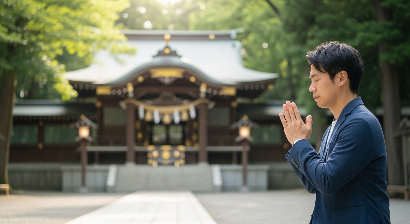 静かで荘厳な神社の拝殿前、清々しい朝日を浴びながら、目を閉じて静かに手を合わせる30代の日本人男性。彼の真摯な祈りの姿から、心身が浄化されていくような清らかで神聖な雰囲気が伝わってくる。背景には緑豊かな鎮守の杜が広がり、穏やかな光が差し込んでいる。