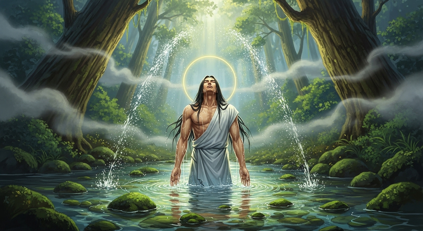 神秘的な川で身を清める古代の日本の神(イザナギノミコト)。水しぶきが光の粒のように輝き、周囲は神々しい雰囲気に満ちている。日本画のようなタッチで描かれている。