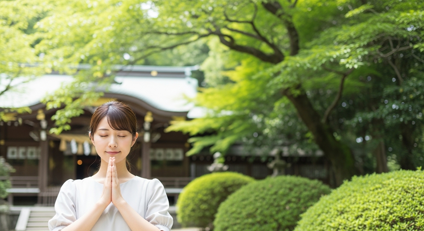 神社の拝殿の前で、静かに目を閉じて手を合わせる若い日本人女性。緊張や気負いはなく、穏やかで清らかな表情をしている。背景の緑が美しく、心が洗われるような雰囲気