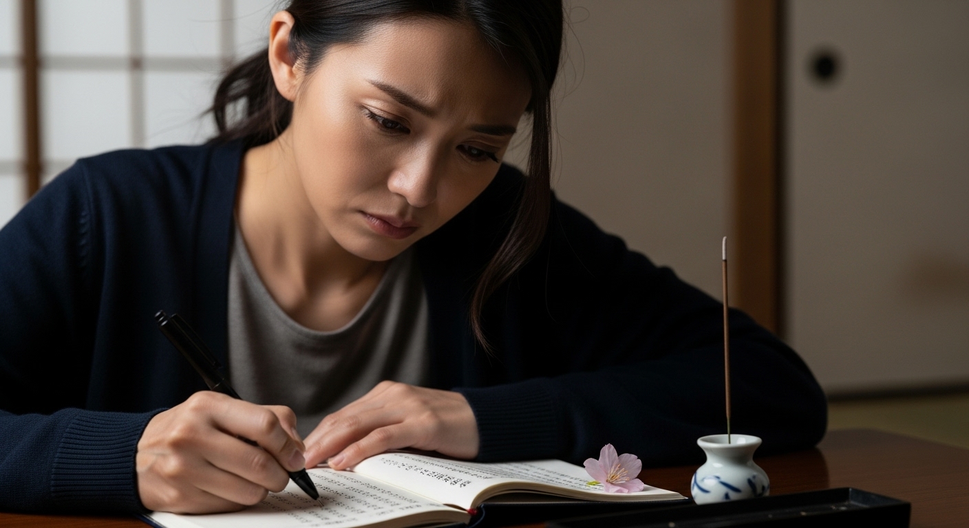 祈りノートを前にして、叶わない現実に悩む日本人女性
