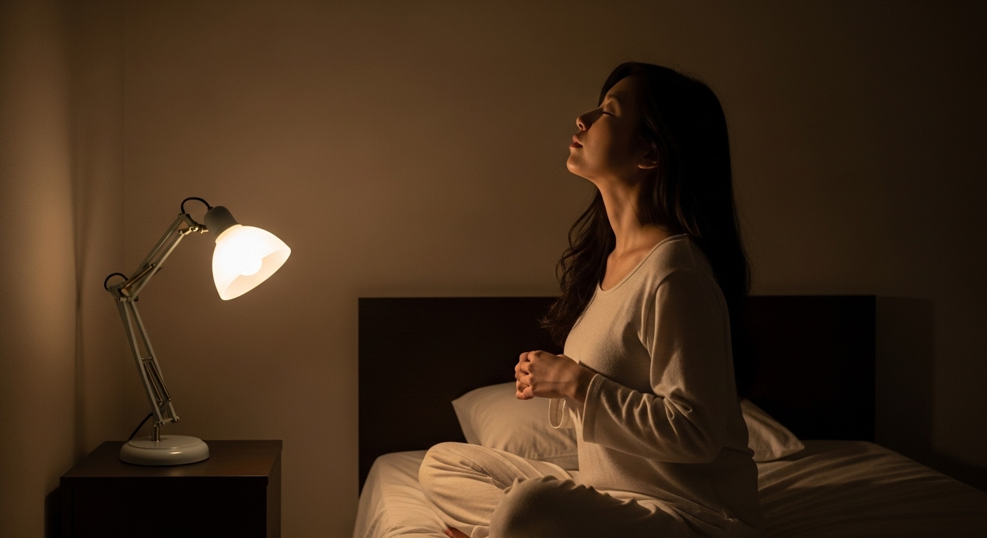 ベッドサイドの間接照明だけの薄暗い部屋で、パジャマ姿の日本人女性がベッドに座り、穏やかな表情で目を閉じて深呼吸している様子。リラックスした雰囲気が伝わるイラスト。