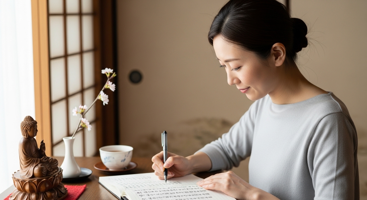 窓辺の光を浴びながら、幸せそうな表情でノートに書き込みをする日本人女性