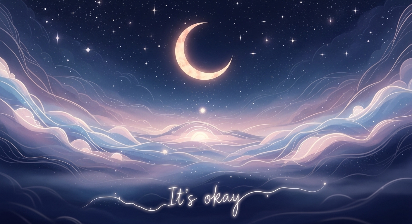 夜空に浮かぶ優しい三日月と満点の星々。その下に「大丈夫だよ」というメッセージがふんわりと浮かんでいるような、心象風景を表現した幻想的で美しいイラスト。