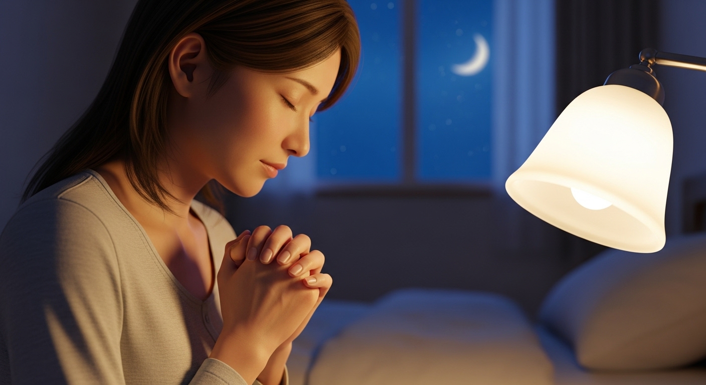 ベッドサイドの柔らかい間接照明の光の中で、穏やかな表情で目を閉じ、静かに祈りを捧げている20代から30代の日本人女性