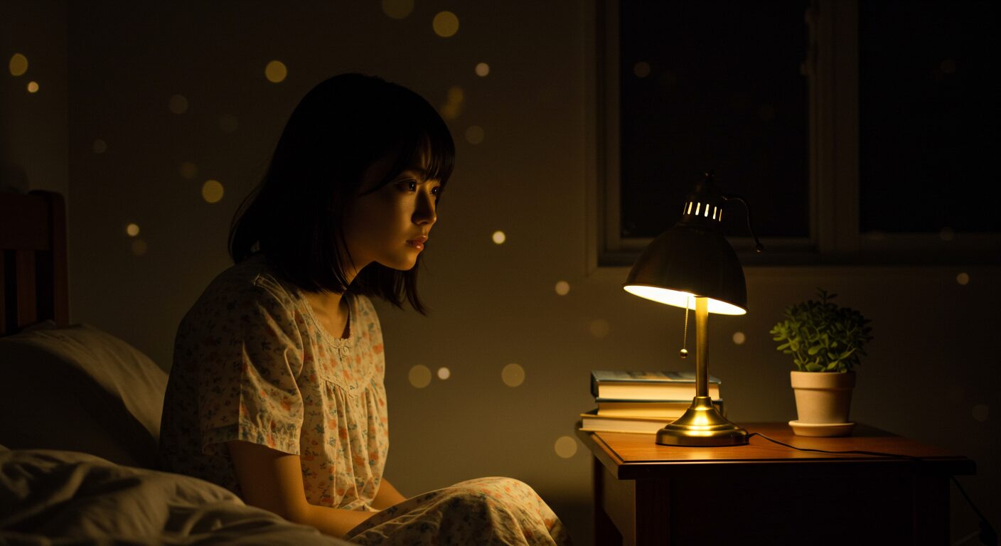 夜、ベッドサイドの小さなランプの灯りで、静かに物思いにふける若い日本人女性