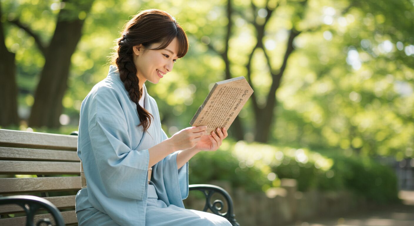 産土神様からのサインに思いを馳せる、公園のベンチに座る30代の日本人女性。柔らかな日差しが木々から差し込んでいる。