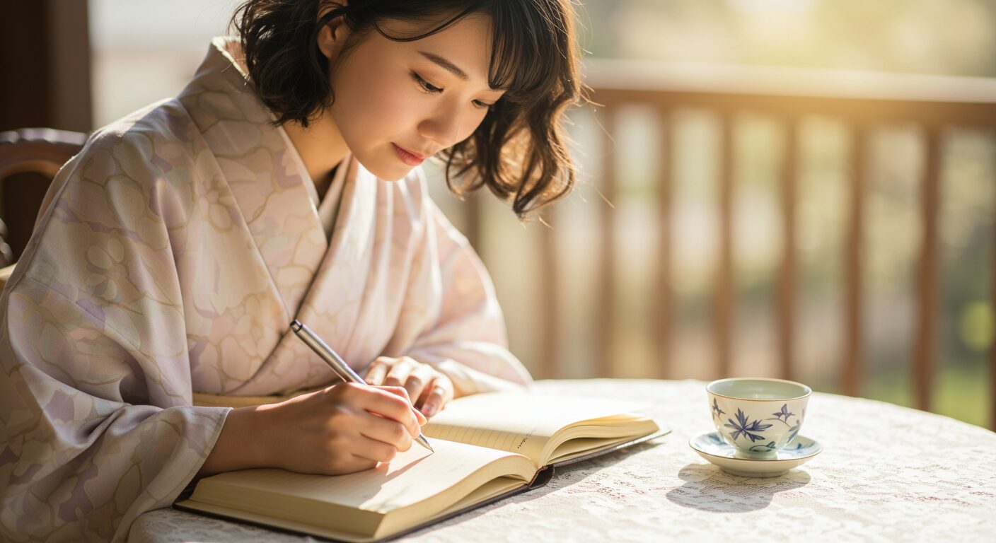 日本人女性の手元。柔らかな日差しが差し込むテーブルの上で、美しいノートにペンで何かを書き込んでいる。