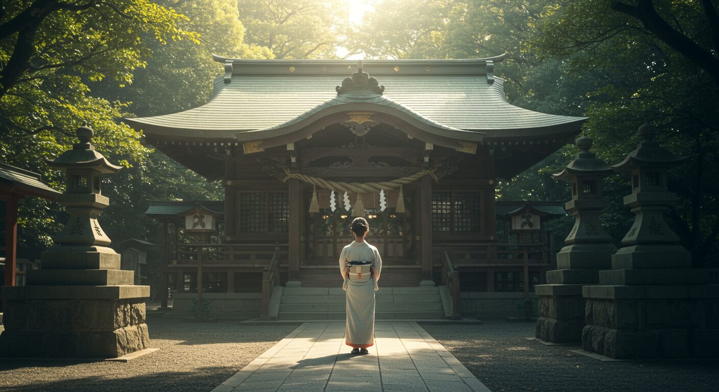産土神様からのメッセージを受け取ろうと、朝日に照らされた静かな神社で手を合わせる日本人女性の後ろ姿