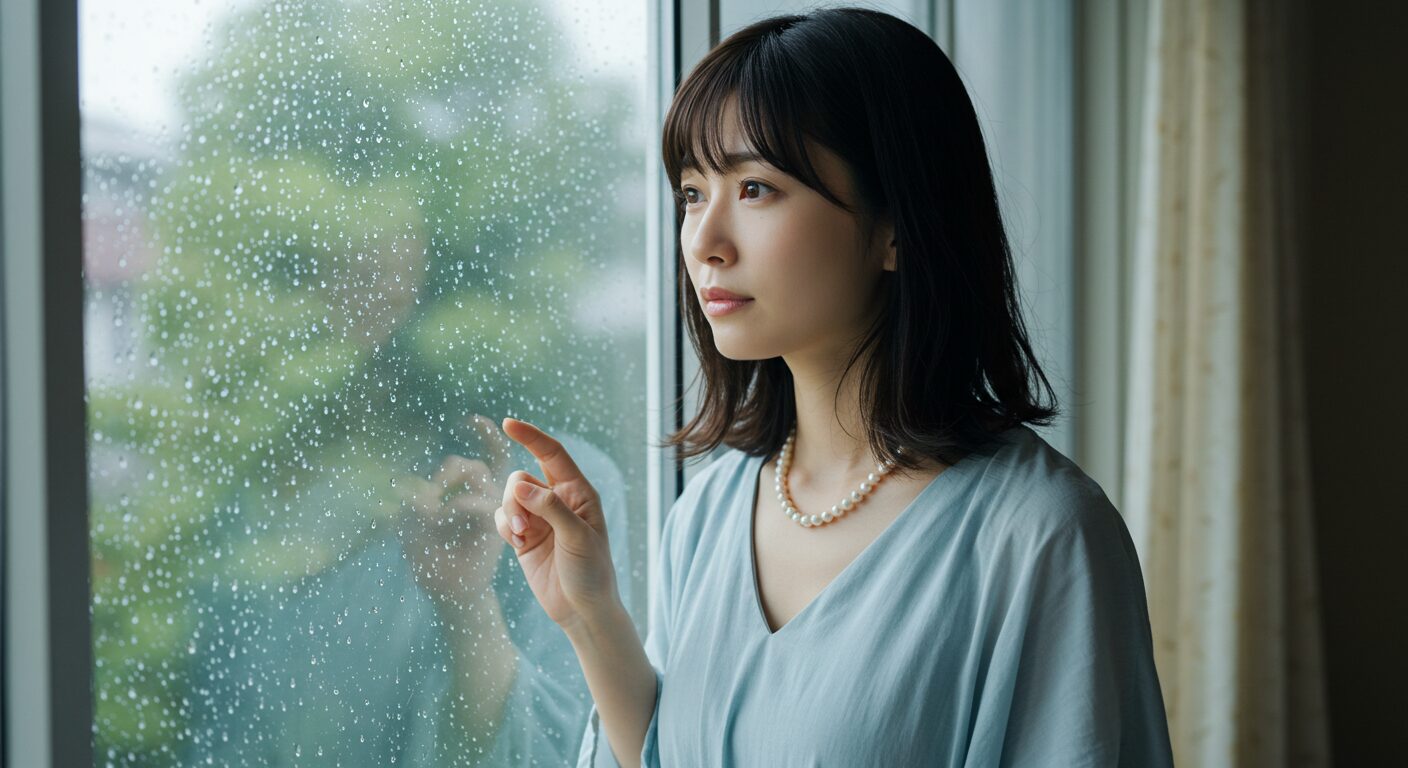 雨上がりの窓の外を、少し物憂げな表情で見つめる30代の日本人女性。窓ガラスには雨のしずくが残っている。