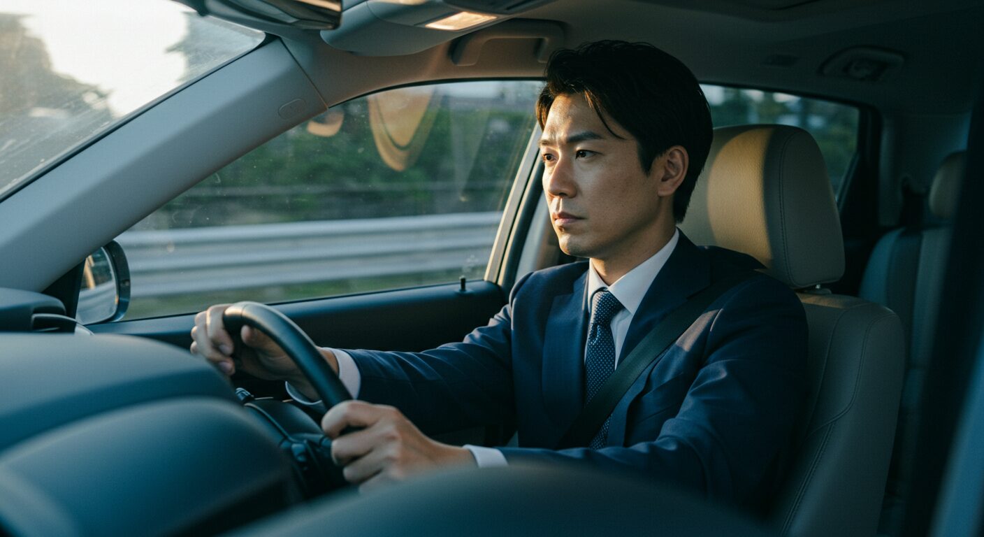 大事なプレゼンに向かう車の中から、前の車の「88-88」ナンバープレートを真剣な表情で見つめる30代の日本人男性。