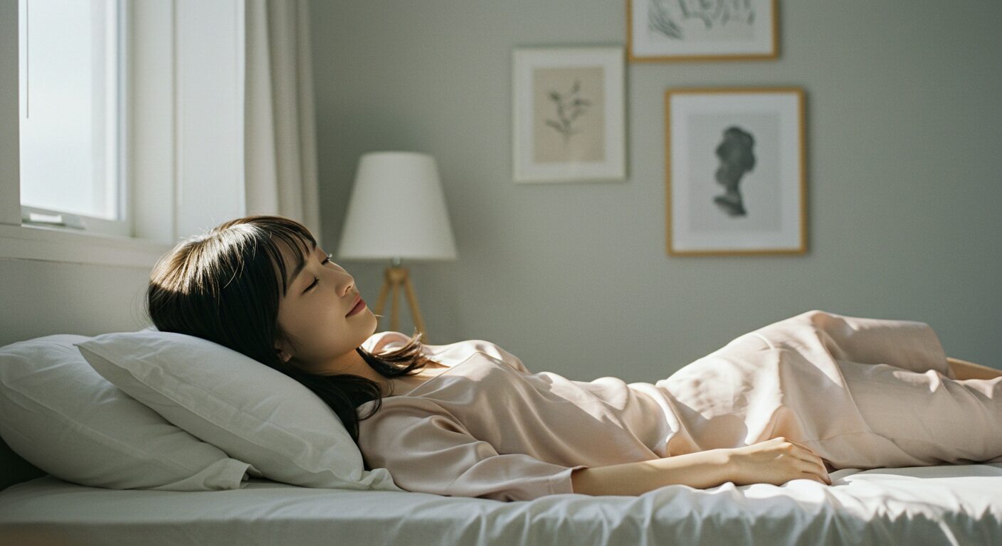 落ち着いた寝室で、ベッドに横になりリラックスした表情で目を閉じている若い日本人女性