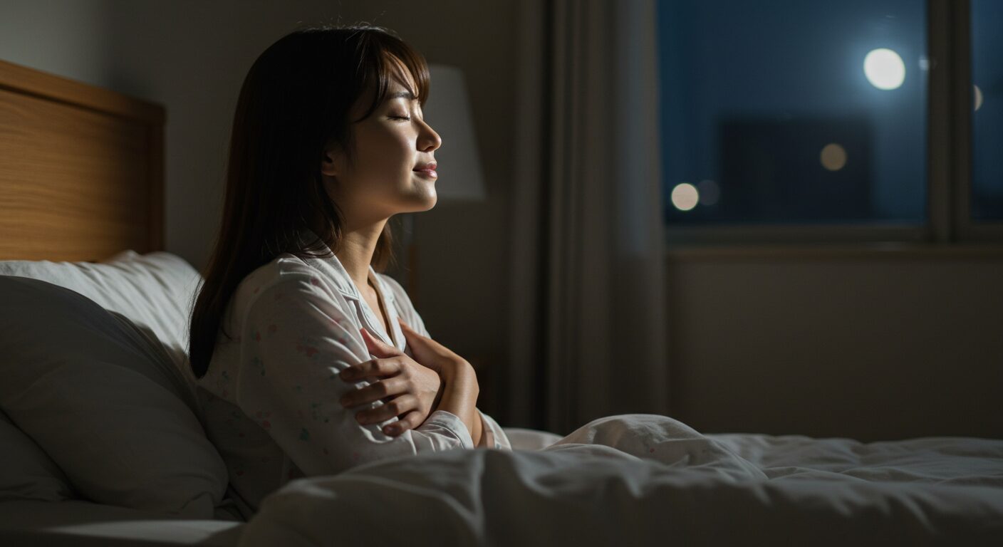 寝る前に感謝ワークをする穏やかな表情の女性