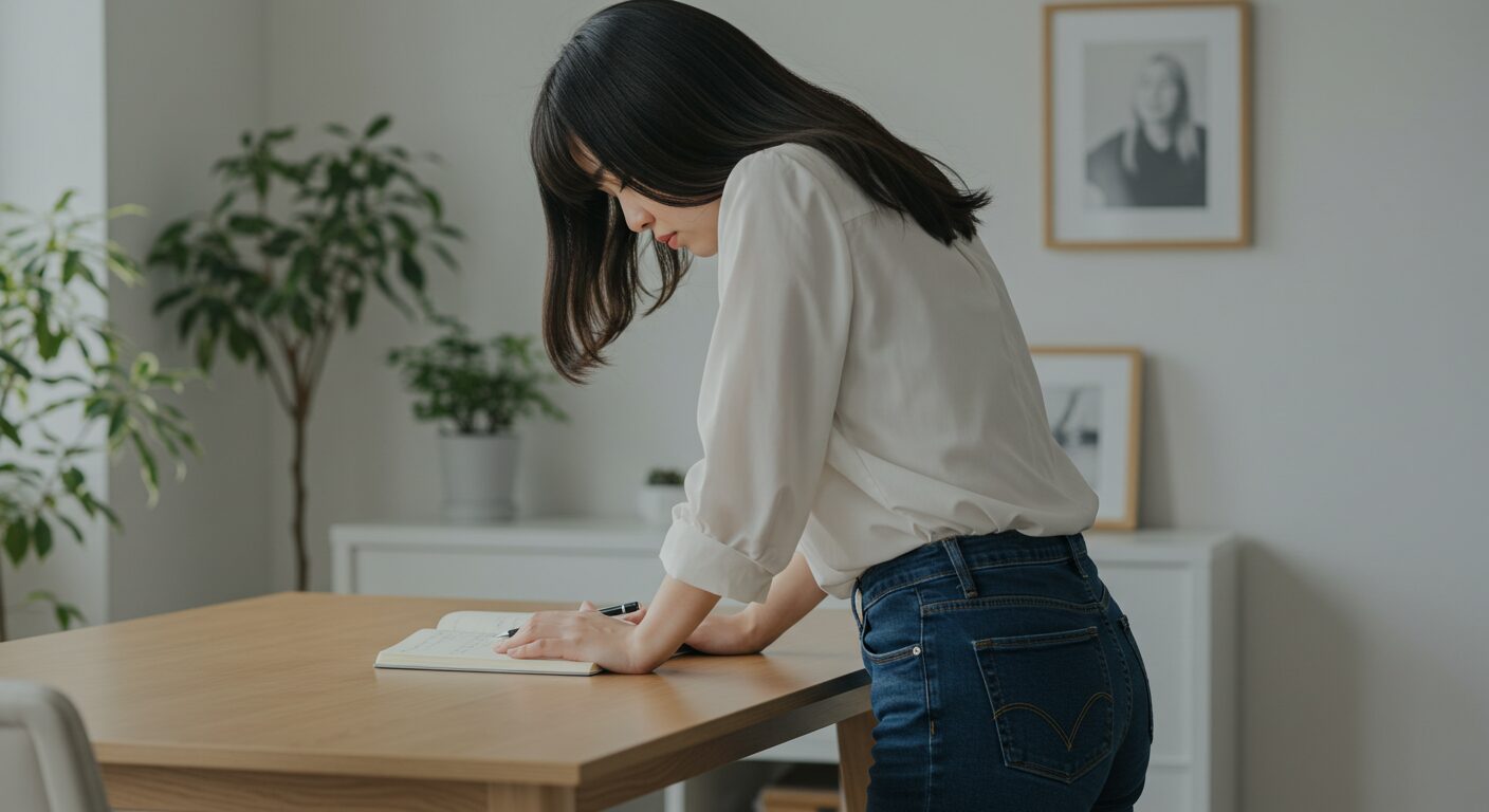 机の上で、数ページしか書かれていないノートを前に、ため息をついている日本人女性の後ろ姿