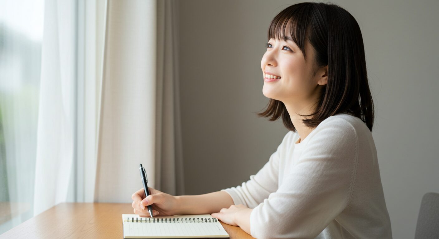 感謝ノートのプレッシャーから解放され、穏やかな表情を浮かべる女性