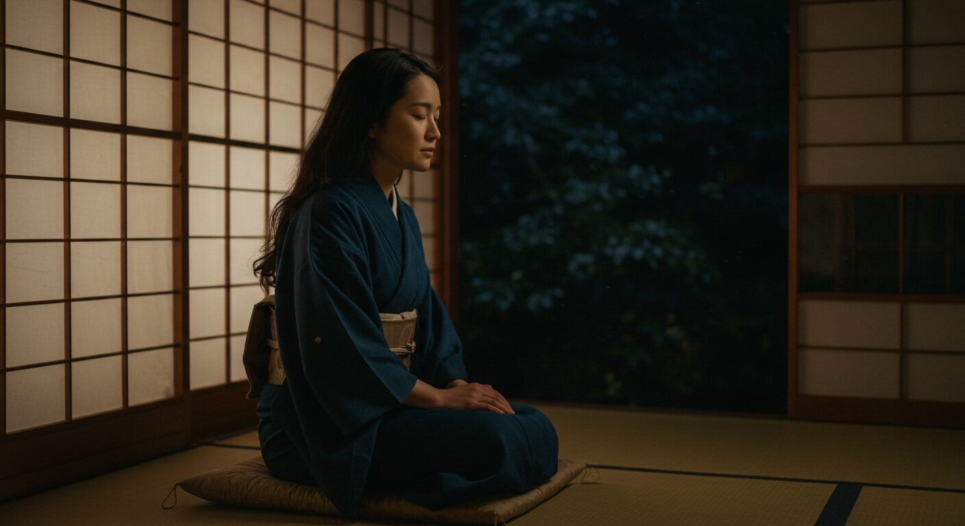 月明かりが差し込む静かな部屋で、目を閉じて何かの気配に耳を澄ませているような、神聖な雰囲気の日本人女性