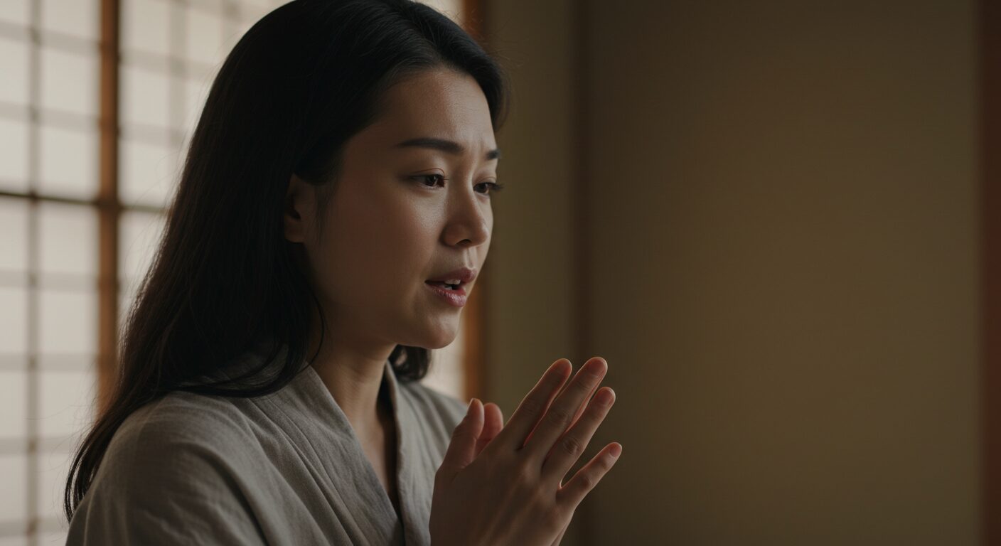 ベッドの上で静かに座り、何か神聖な言葉をそっと唱えている日本人女性の口元と、胸の前で組まれた手のクローズアップ