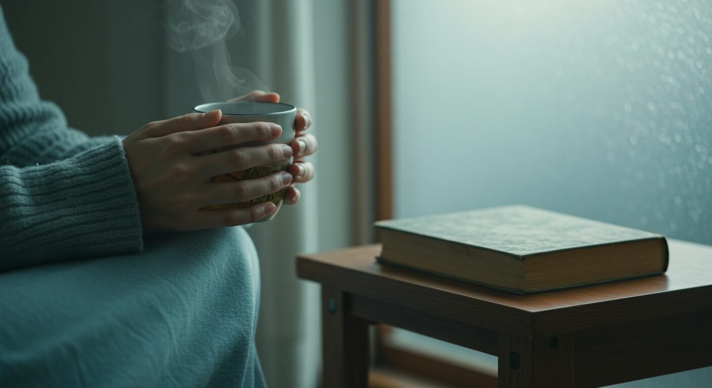 窓際に置かれたハーブティーと本。雨の日の静かな部屋で心を落ち着かせている様子の画像。日本人の手元のみ。