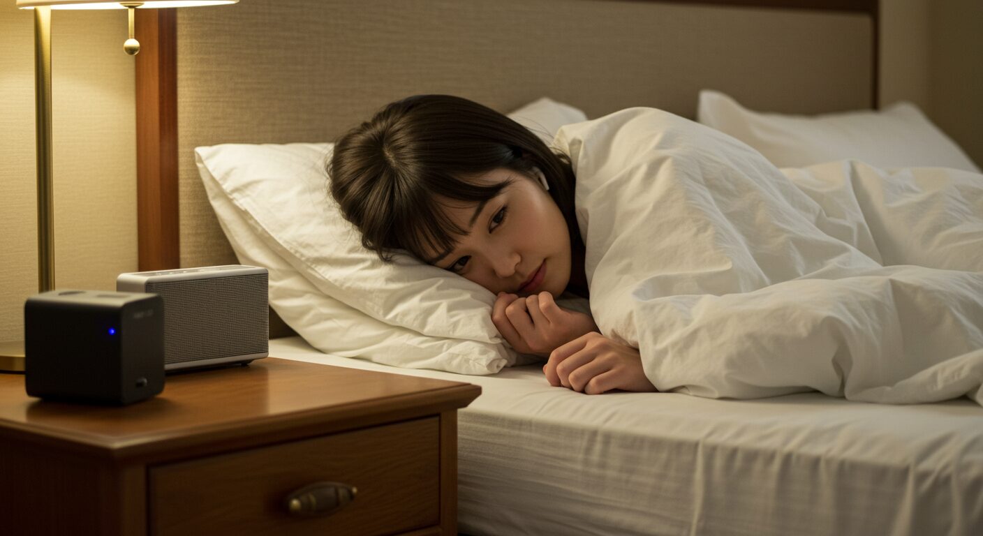 ベッドの上で、心地よい音楽を聴きながらリラックスしている日本人の若い女性。顔は見えない。