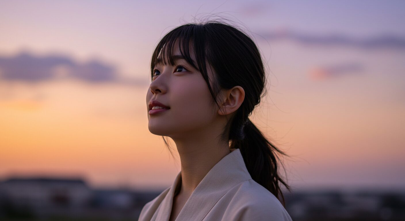 夕暮れの空を見上げる日本人の若い女性の横顔。何かを確信したような、穏やかで希望に満ちた表情。