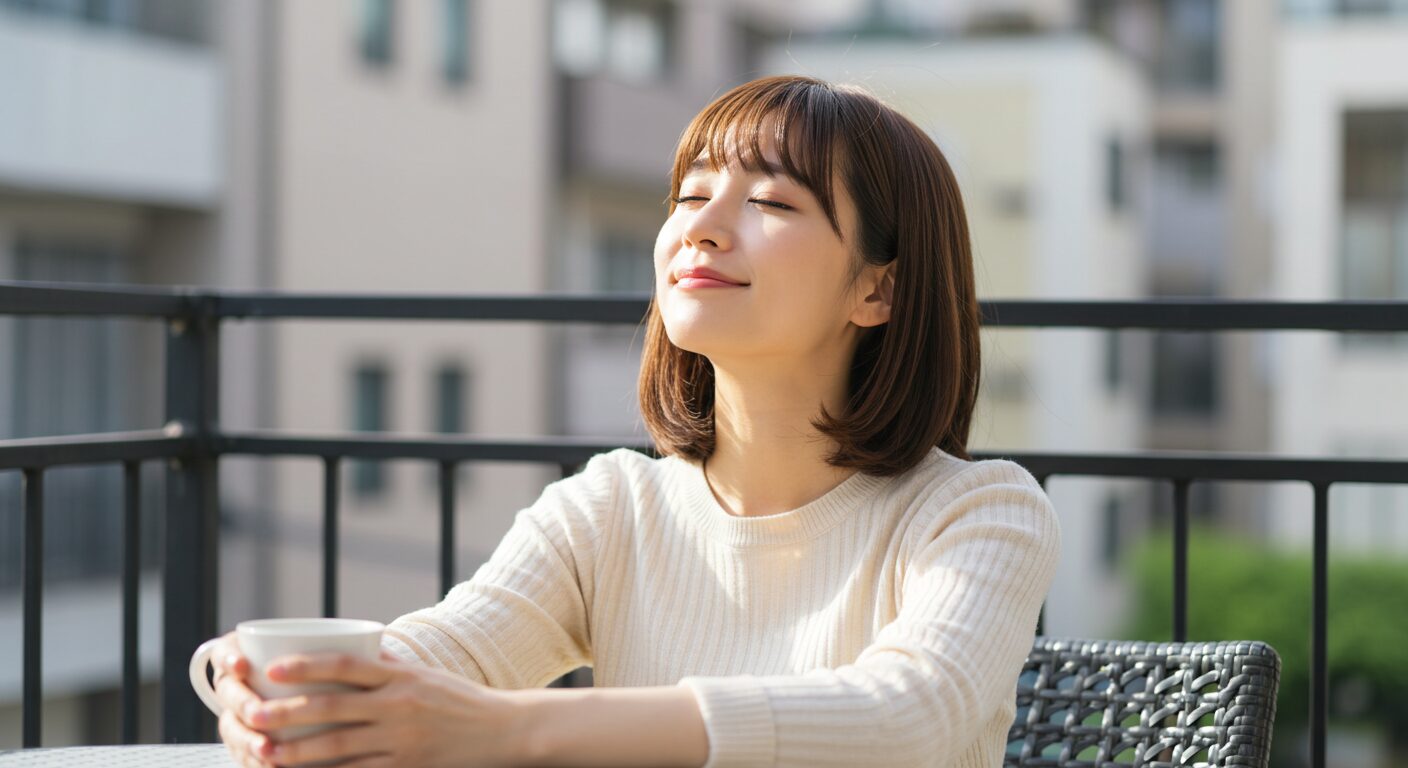 カフェのテラス席で、目を閉じて太陽の光を気持ちよさそうに浴びている日本人の30代前半の女性。自己愛に満ちた幸せな表情。