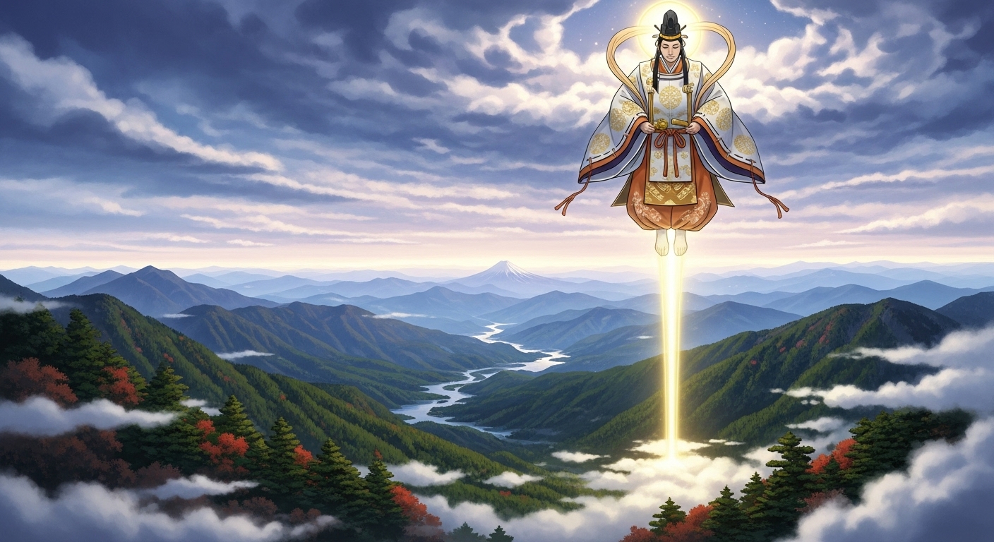 天孫降臨のシーン。雲の上から光の道を降りてくるニニギノミコトの神々しい姿。日本の美しい山々や自然が眼下に広がっている。壮大で神秘的な雰囲気のイラスト。