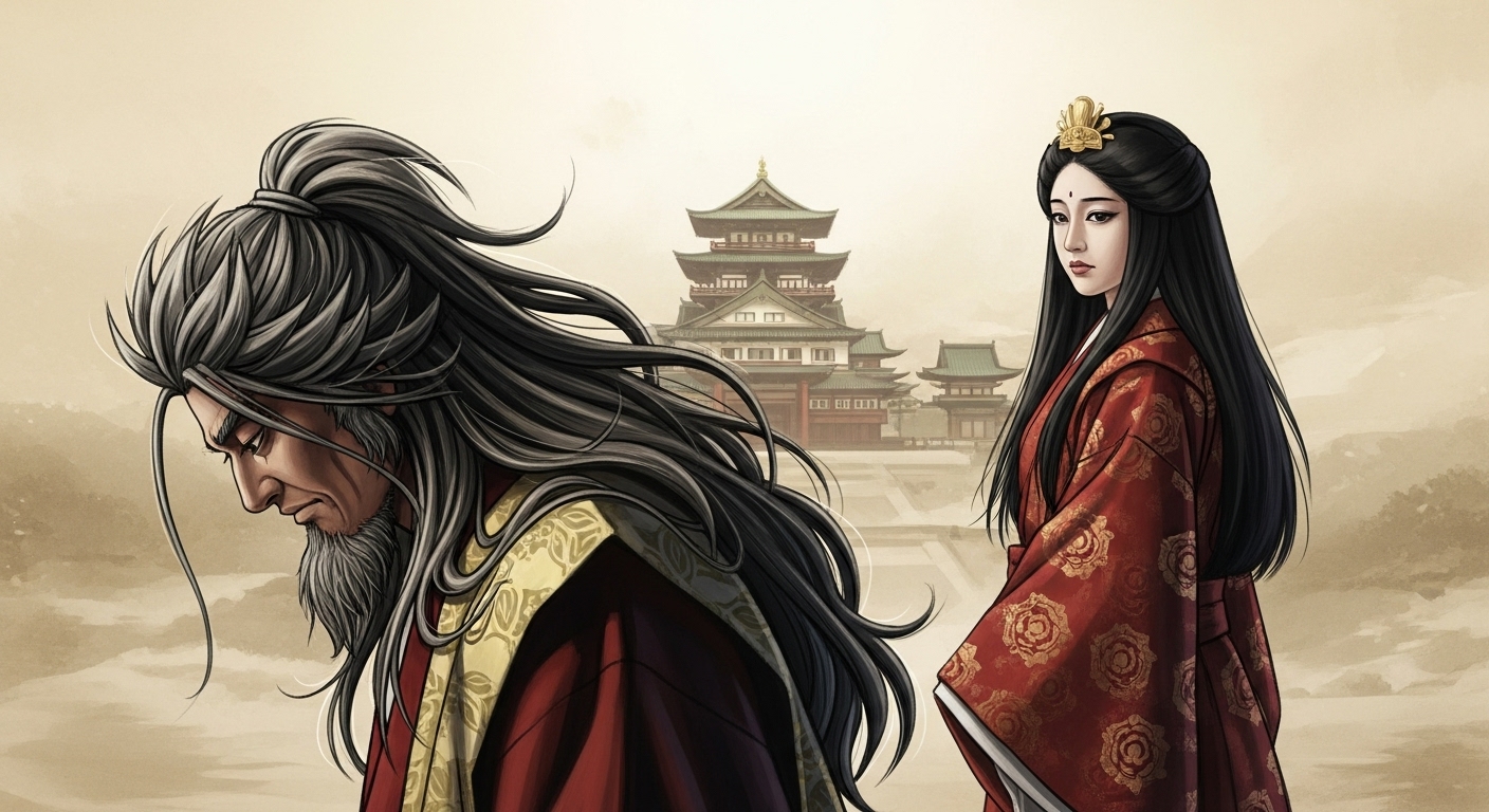 高天原を背景に、対照的な表情を見せる二人の日本の神様。手前には、乱暴な行いを悔いるかのようにうつむき、少し悲しそうな表情のスサノオ（ワイルドな長髪の男性神）。彼の背後、少し離れた場所には、神聖な宮殿の前で、悲しみと怒りが入り混じった厳しい表情で顔をそむける姉のアマテラス（美しい女神）。二人の間の埋められない溝と、追放という悲劇の瞬間をドラマチックに描く。イラストのテイストは、歴史アニメ風。