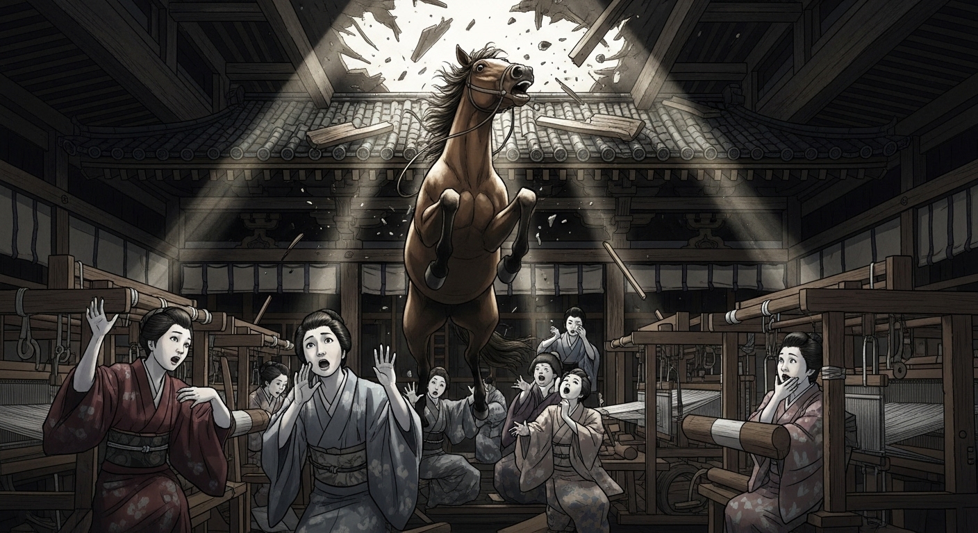 神聖な機織り小屋の中に、屋根を突き破って馬が投げ込まれた衝撃的な瞬間。驚き恐怖に満ちた表情の日本の古代衣装を着た女性たち。神聖な場所が暴力で汚された悲劇性が伝わる、少し影のあるドラマチックなイラスト。