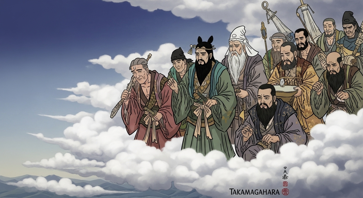 高天原の雲の上から、悲しみと反省の表情を浮かべたスサノオが地上を見下ろしている。彼の背後では他の神々が厳しい顔で見送っている。追放の寂しさと、これからの物語の始まりを予感させる構図。