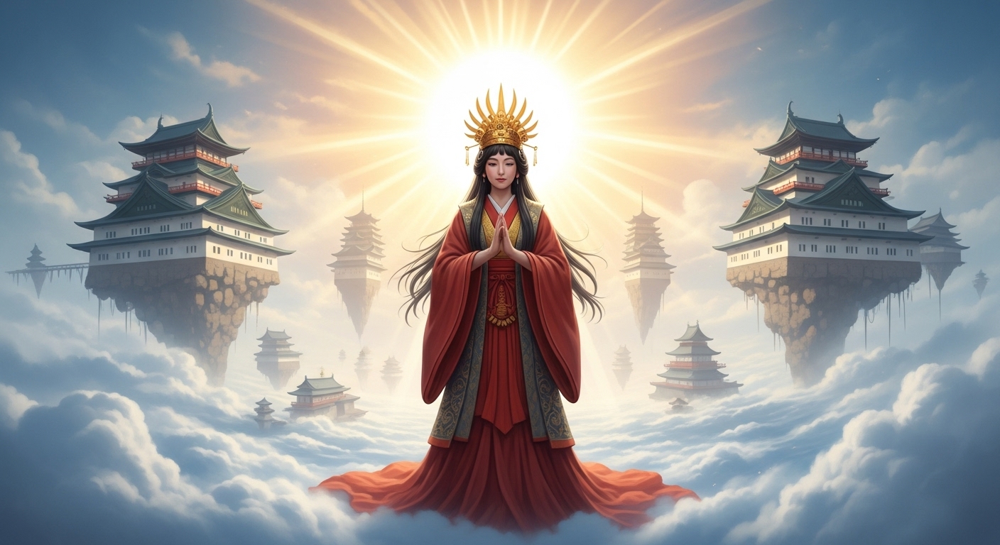雲海に浮かぶ壮大な日本の古代宮殿群「高天原」を背景に、中央に立つ美しく威厳のある女神「天照大神」。彼女は太陽を背負うかのように体から神々しい光を放っており、その光が高天原全体を明るく照らしている。高天原の「支配者」であり「太陽」であることが一目でわかる、神話的で美しいイラスト。