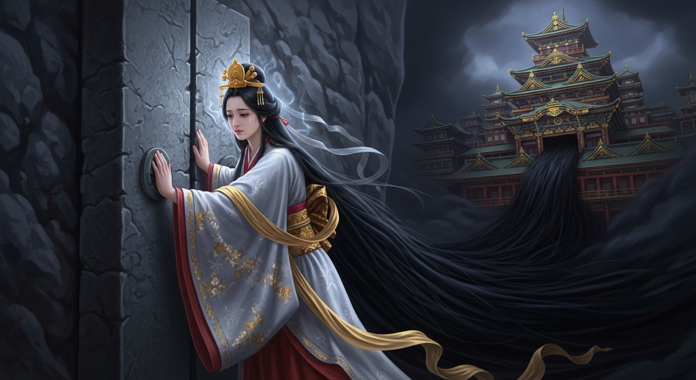 美しい女神、天照大神が悲しみの表情で天岩戸の岩の扉を閉めようとしている。閉まりかける扉の隙間から闇があふれ出し、背後にある高天原の神聖な宮殿群が暗闇に包まれていく。彼女の不在が高天原の危機に直結することが象徴的に描かれている。