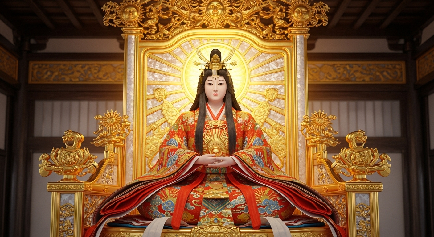 高天原の中心にある壮麗な宮殿の玉座に座る、威厳と慈愛に満ちた天照大神。彼女自身が太陽のように輝き、その光が高天原全体をあまねく照らしている。周囲には他の神々が敬意を払って控えている様子も描かれている。