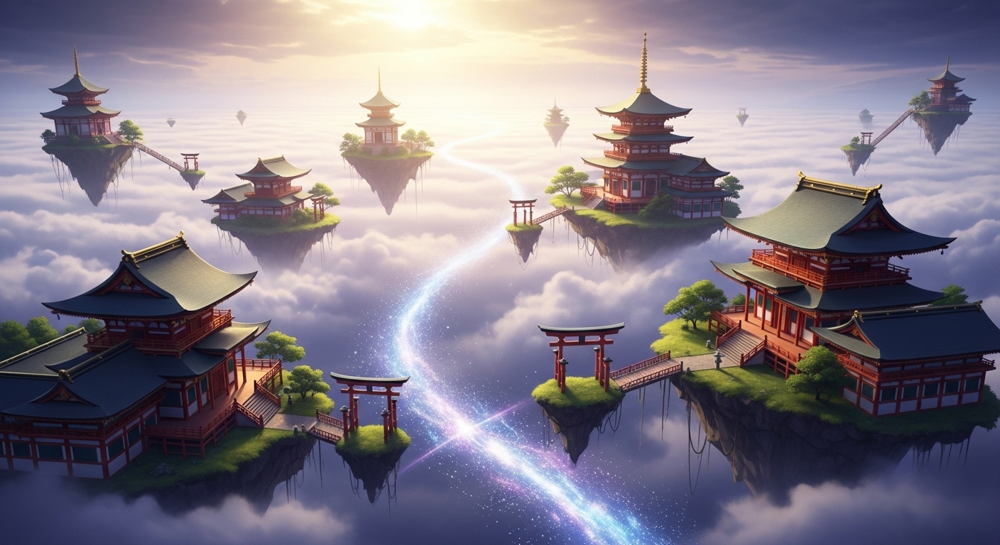 天空に浮かぶ壮大な神殿や社。幻想的な雲海が広がり、天の川のような川が流れている。全体的に神々しく、光に満ちた日本的な風景。